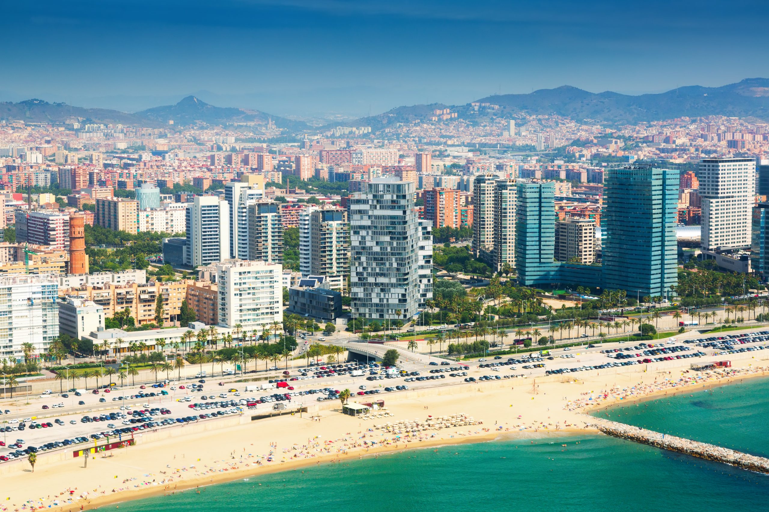Aerial view of Barcelona from Mediterranean coast. Sant Marti  Neighbourhood district